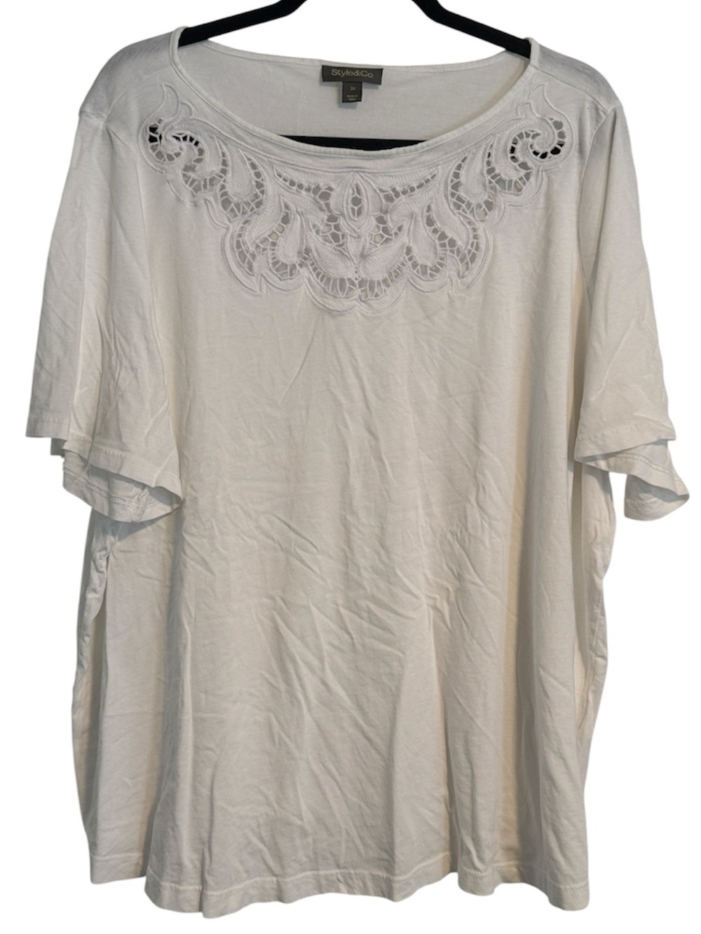 Style and Co White Short Sleeve Tee with Crochet Neckline